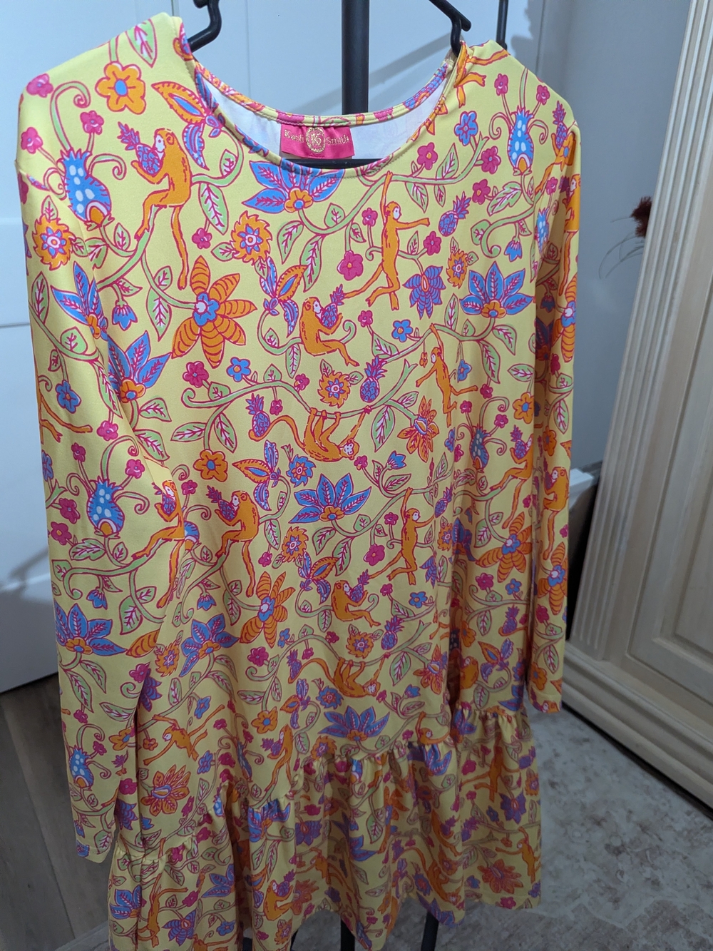 Yellow Floral & Monkey Print Long Sleeve Dress